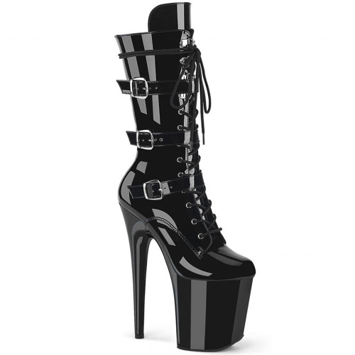 Pleaser Flamingo-1053 – Bottines noires vernies avec boucles (talon 20 cm)