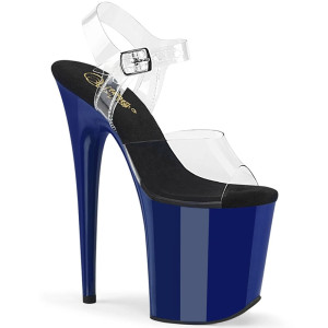 Pleaser Flamingo-808 – Sandales transparentes/bleues avec semelle intérieure noire (talon 20 cm)
