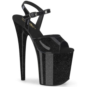 Pleaser Flamingo-809GP – Sandales noires vernies avec paillettes (talon 20 cm)