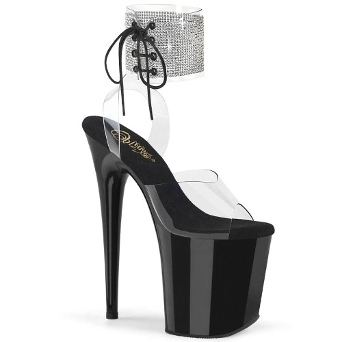 Pleaser Flamingo-891-2RS – Black Sandals with Rhinestones and Lace-Up Detail (heel 20 cm)