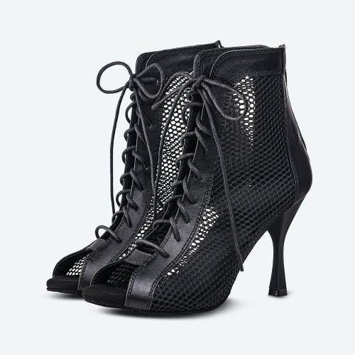 Amsterdam – Black Leather High Heel Booties with 3D mesh (heel 9 cm)