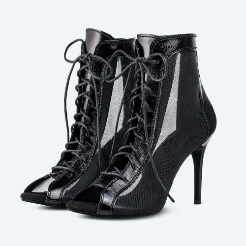 Glam Heels – Black Genuine Leather High Heel Booties with mesh (heel 9 cm)