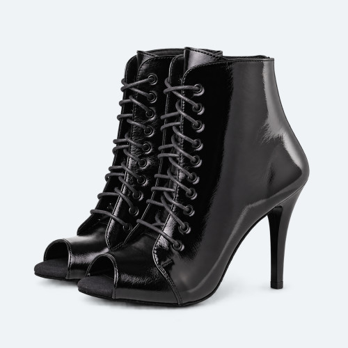 Glossy Goddess – Black Patent Leather High Heel Booties (heel 10 cm)