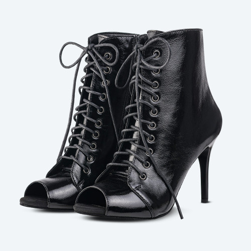Glossy Goddess – Black Patent Leather High Heel Booties (heel 9 cm)