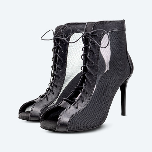 Paris – Black Leather High Heel Booties with mesh (heel 9 cm)